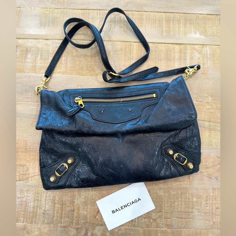 Balenciaga motocross Metallic Edge envelope leather clutch black and gold